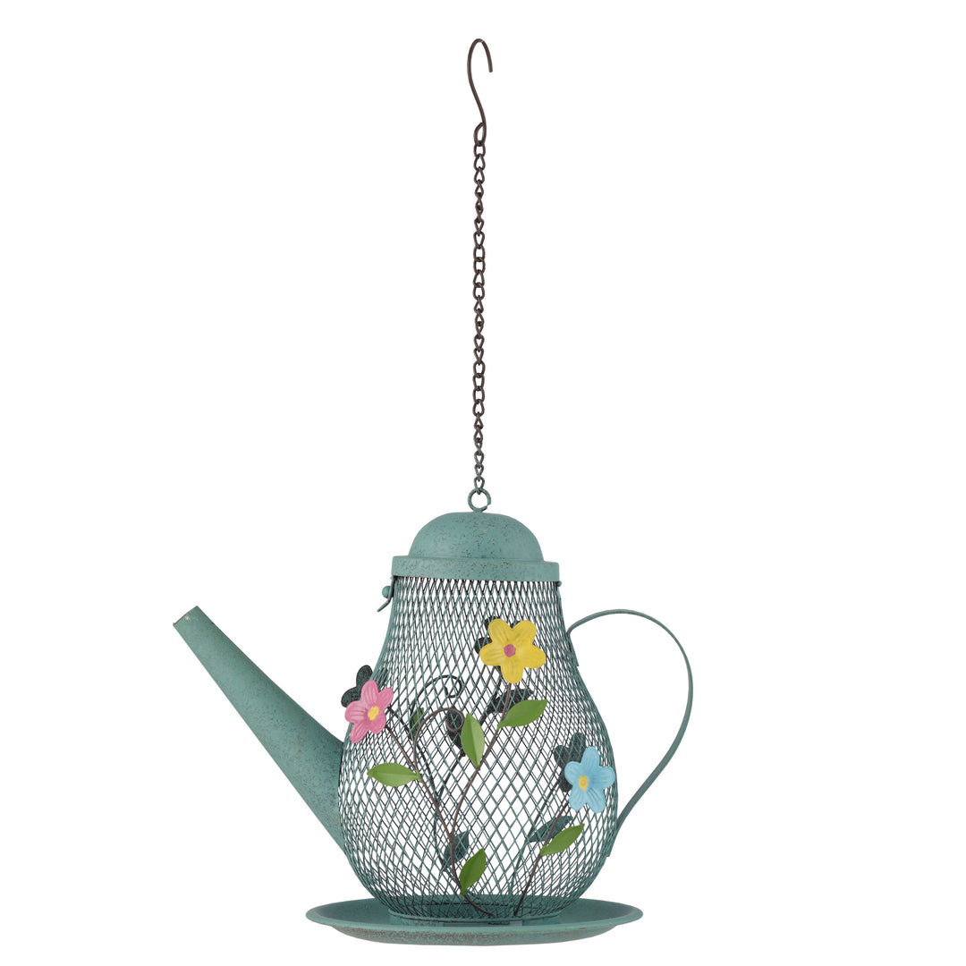 Willow and Silk Hanging Teapot Birdfeeder w/Flowers 27.5x17.5x48cm