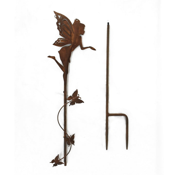 Willow &amp; Silk Metal 100cm Set of 2 Rust Fairy w/ Butterfly Garden Stakes