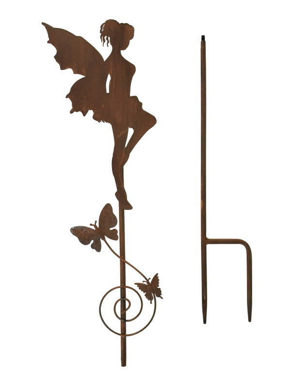 Willow &amp; Silk Metal 100cm Set of 2 Rust Fairy w/ Butterfly Garden Stakes