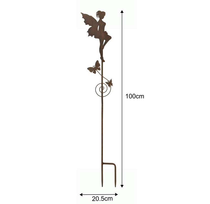 Willow &amp; Silk Metal 100cm Set of 2 Rust Fairy w/ Butterfly Garden Stakes