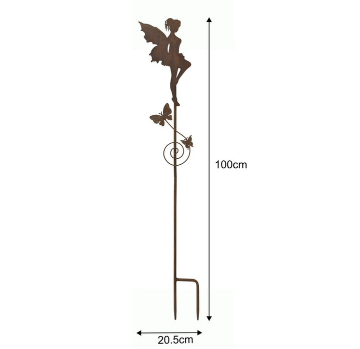 Willow &amp; Silk Metal 100cm Set of 2 Rust Fairy w/ Butterfly Garden Stakes