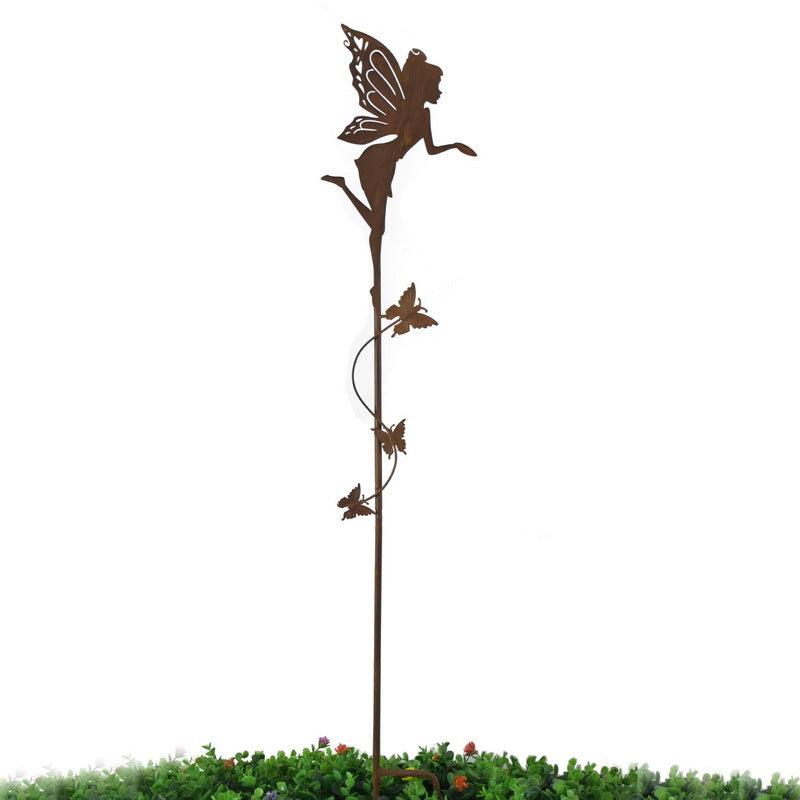 Willow &amp; Silk Metal 100cm Set of 2 Rust Fairy w/ Butterfly Garden Stakes
