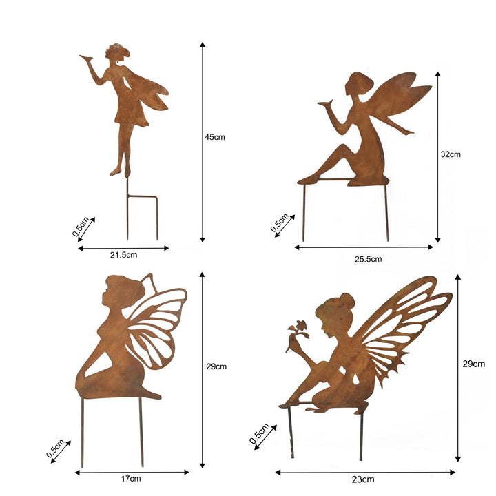 Willow &amp; Silk Metal 45/32/29cm Set of 4 Rust Fairy w/ Wings Garden Stakes