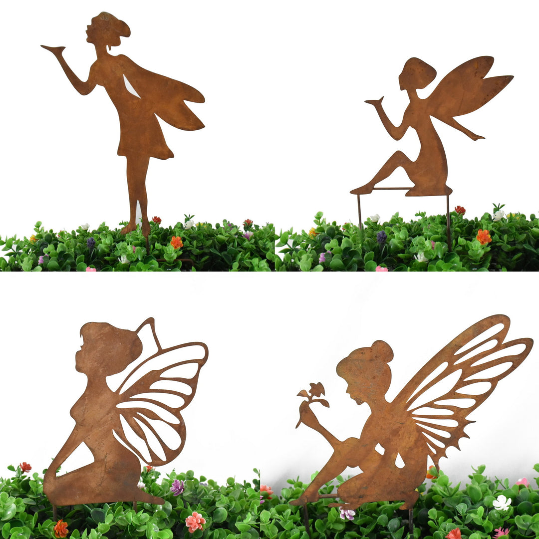 Willow &amp; Silk Metal 45/32/29cm Set of 4 Rust Fairy w/ Wings Garden Stakes