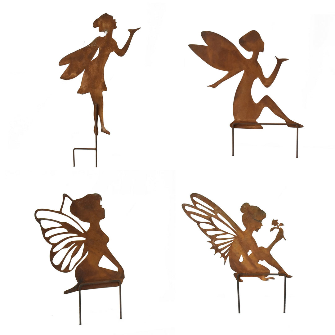 Willow &amp; Silk Metal 45/32/29cm Set of 4 Rust Fairy w/ Wings Garden Stakes