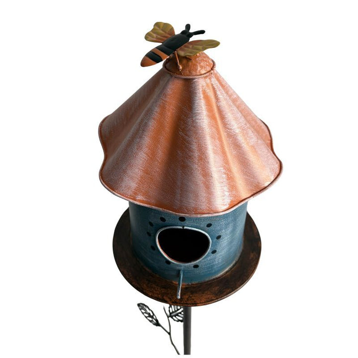 Willow &amp; Silk SkyNest Haven Birdhouse with Perched Bird on Leafy Garden Stake