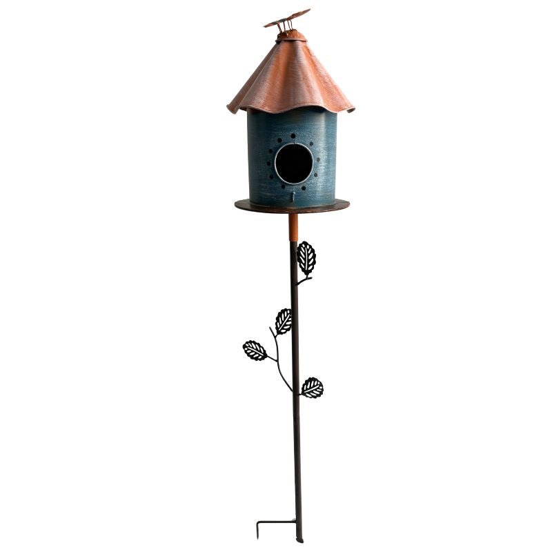 Willow &amp; Silk SkyNest Haven Birdhouse with Perched Bird on Leafy Garden Stake