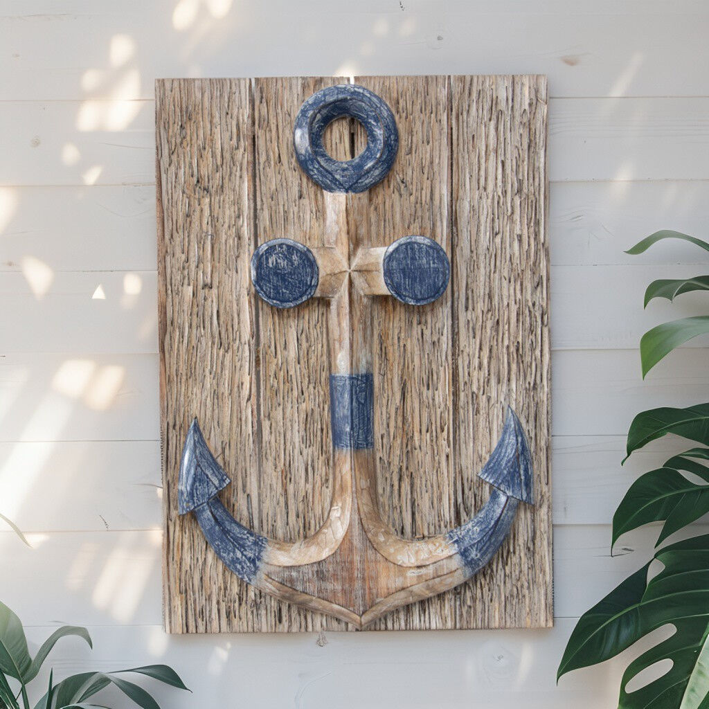 Willow &amp; Silk Hand-carved Ship Anchor Coloured Wall Art