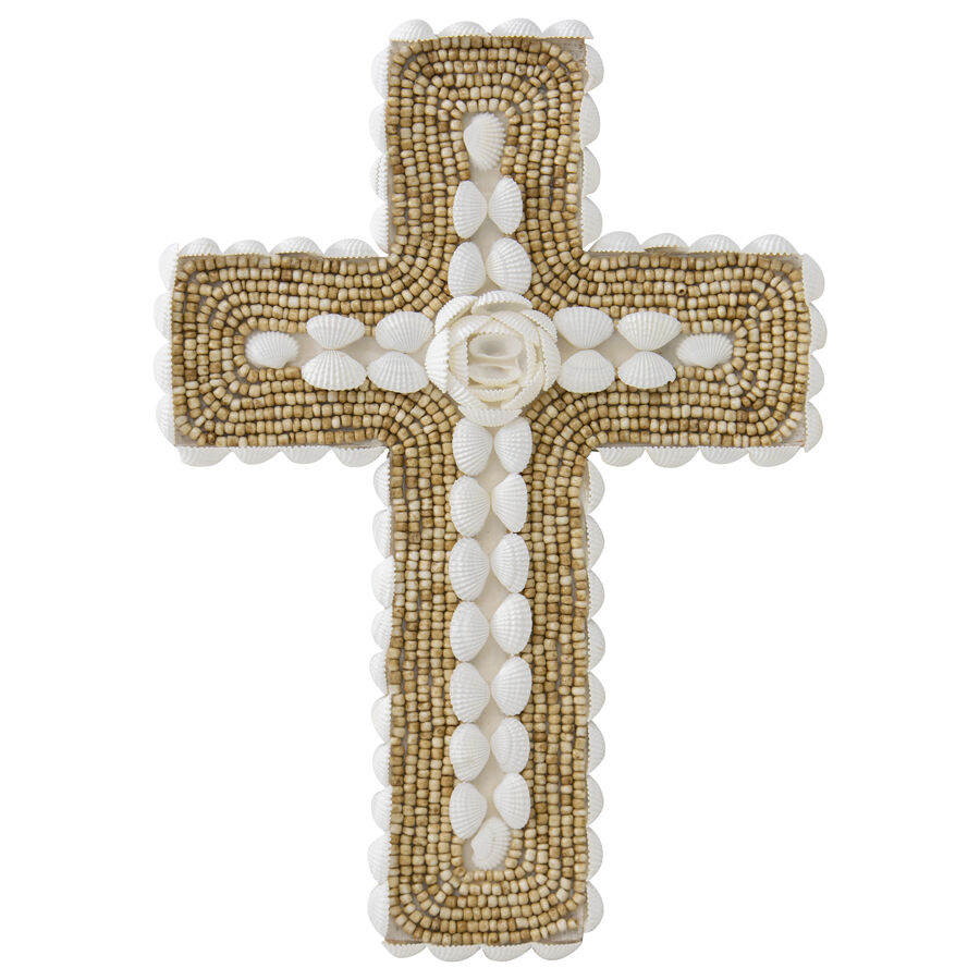 Willow &amp; Silk Handmade Shell &amp; Narrow Weave Xmas Cross Wall Art