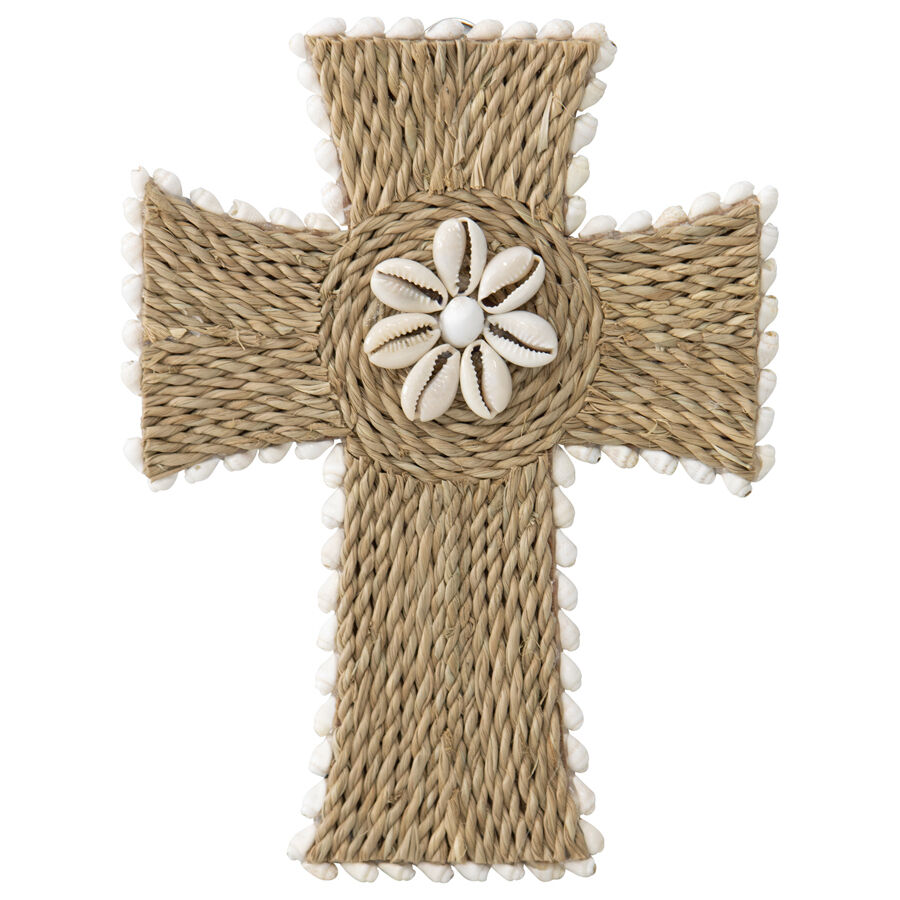 Willow &amp; Silk Handmade Shell &amp; Broad Weave Xmas Cross Wall Art