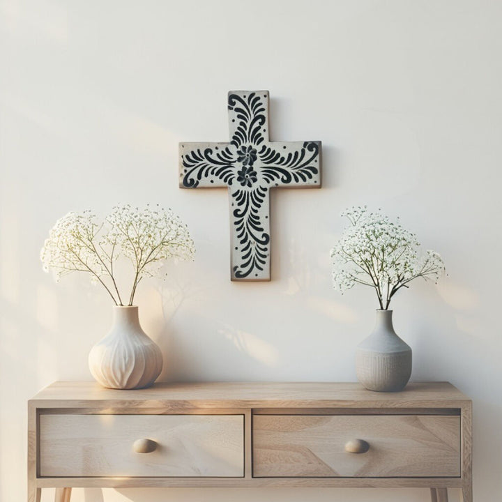 Willow &amp; Silk Handmade Wooden 20cm Monochrome Cross Wall Art