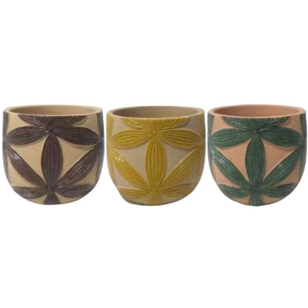 Willow &amp; Silk S/3 Petal &amp; Clay Asst Pots 15 x 15 x 13 cm