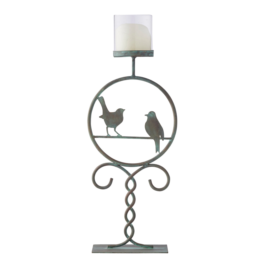 Willow and Silk Pillar Candleholder w/2 Birds 18x9x46cm