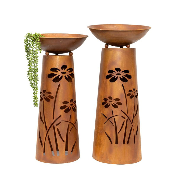 Willow &amp; Silk 2x RusticPlanter Bowls On Pillar Base Flower Pattern 40x83cm
