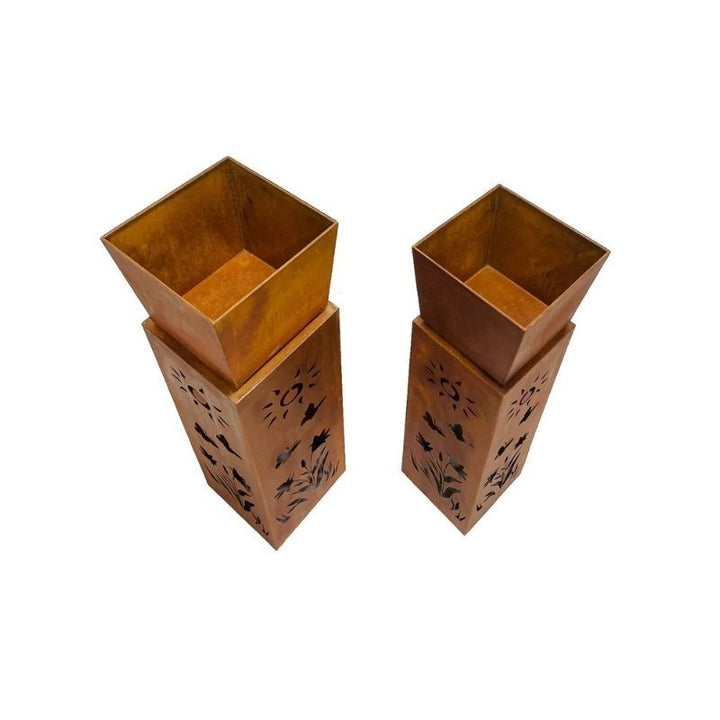Willow &amp; Silk 2x RusticSquare Square Planter On Pillar Base Sunshine Pattern 26x93cm