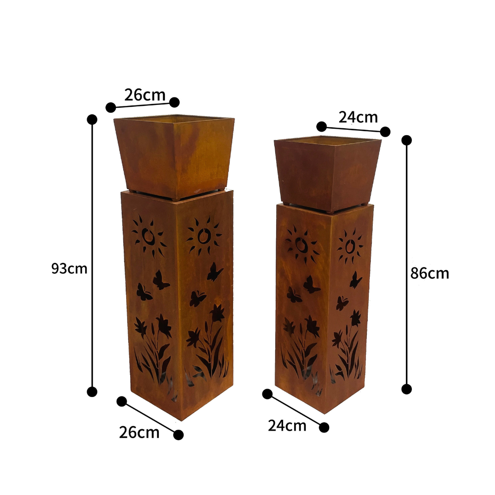 Willow &amp; Silk 2x RusticSquare Square Planter On Pillar Base Sunshine Pattern 26x93cm