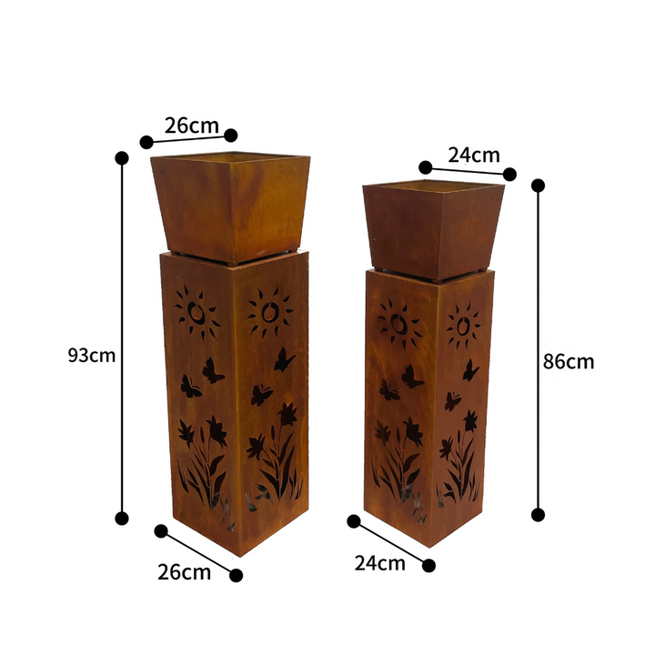 Willow &amp; Silk 2x RusticSquare Square Planter On Pillar Base Sunshine Pattern 26x93cm