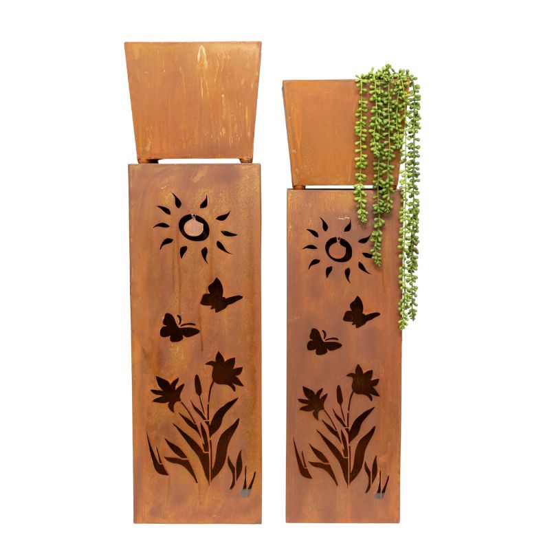 Willow &amp; Silk 2x RusticSquare Square Planter On Pillar Base Sunshine Pattern 26x93cm