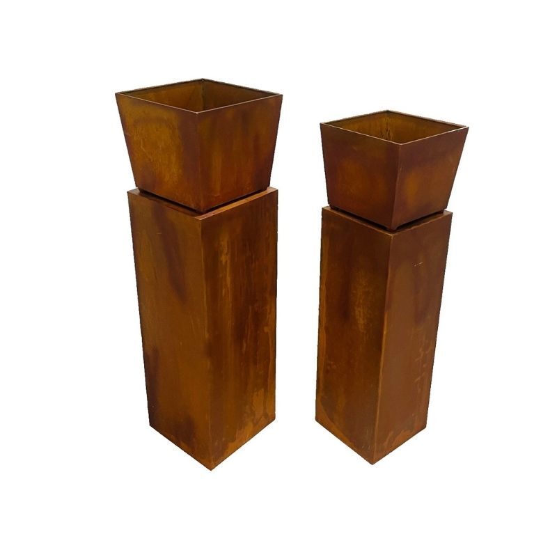 Willow &amp; Silk 2x RusticSquare Square Planter On Pillar Base Sunshine Pattern 26x93cm