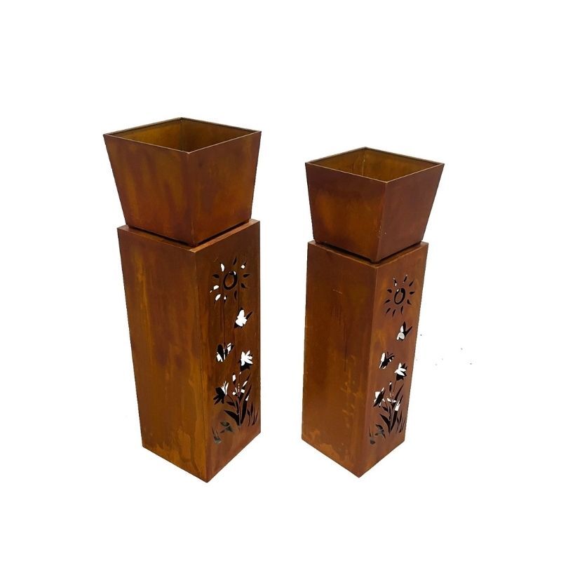 Willow &amp; Silk 2x RusticSquare Square Planter On Pillar Base Sunshine Pattern 26x93cm