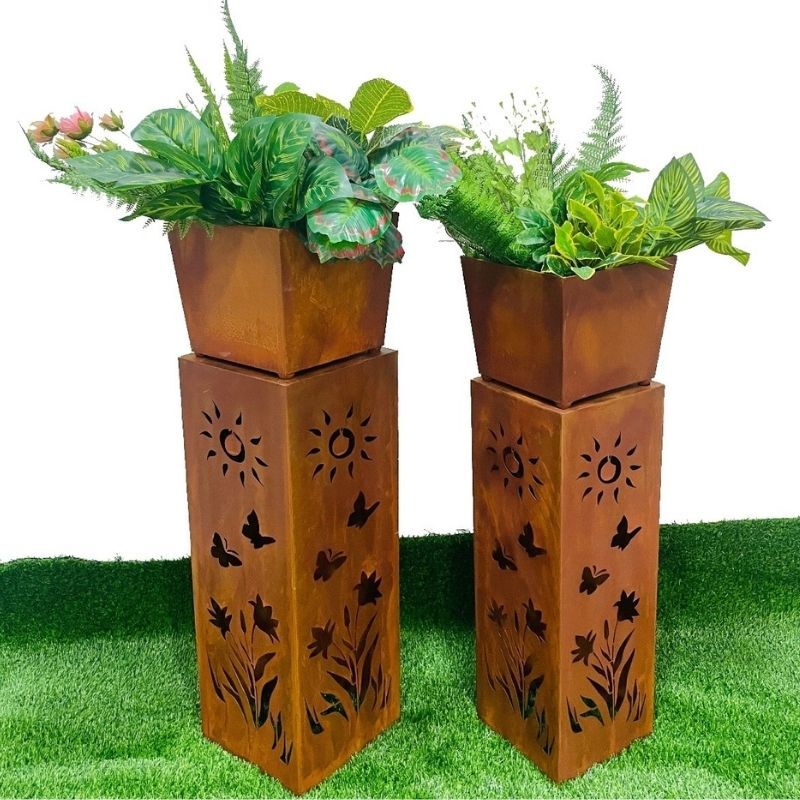 Willow &amp; Silk 2x RusticSquare Square Planter On Pillar Base Sunshine Pattern 26x93cm