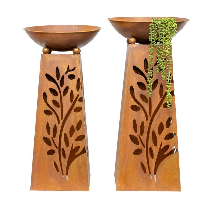 Willow &amp; Silk 2x RusticPlanter Bowls On Pillar Base Leaf Pattern 40x83cm