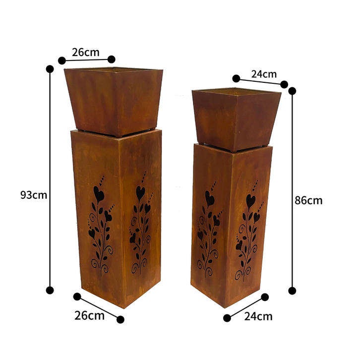 Willow &amp; Silk 2x RusticSquare Square Planter On Pillar Base Heart Pattern 26x93cm
