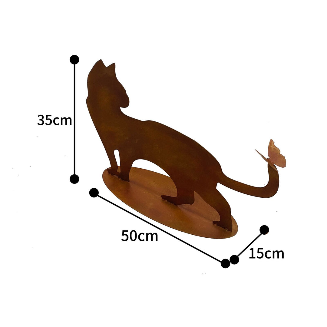 Willow &amp; Silk Rust Cat + Butterfly Ornament On Base 50x15x35cm