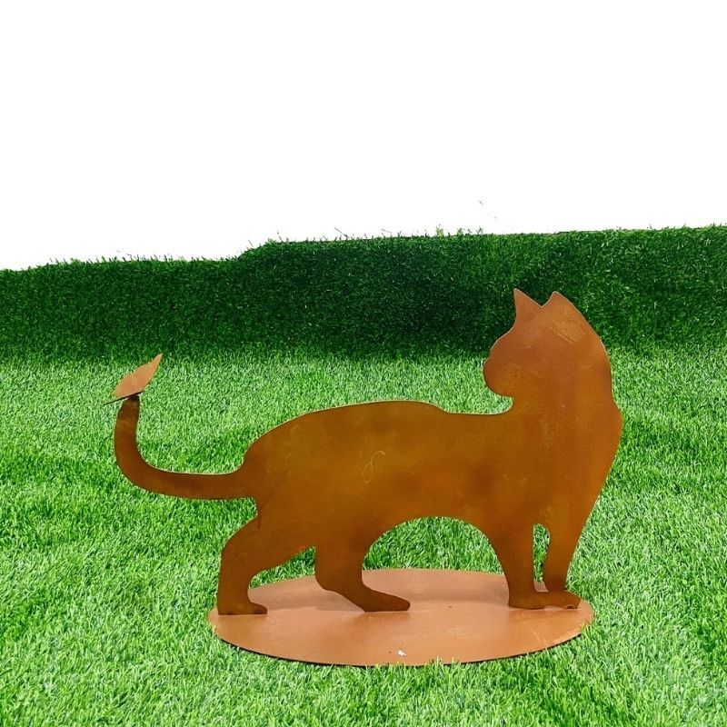 Willow &amp; Silk Rust Cat + Butterfly Ornament On Base 50x15x35cm