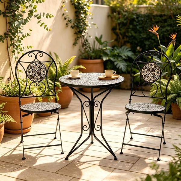 Willow &amp; Silk Black Mosaic Bistro Table x 2 Chairs Set