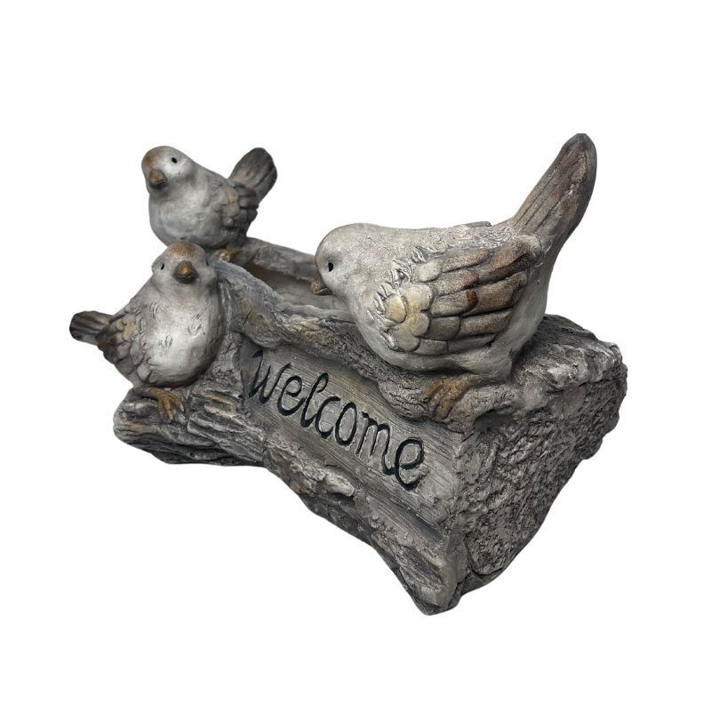 Willow &amp; Silk Decorative Birds On Log Ornament Stony "Welcome" 38cm Arty