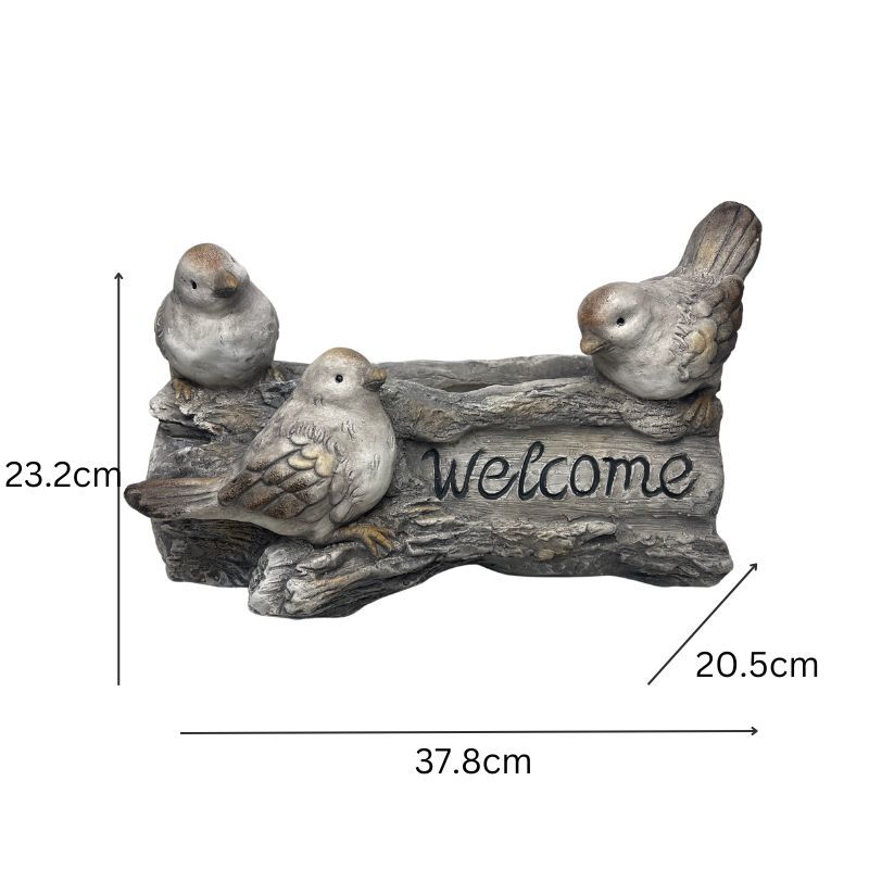 Willow &amp; Silk Decorative Birds On Log Ornament Stony "Welcome" 38cm Arty