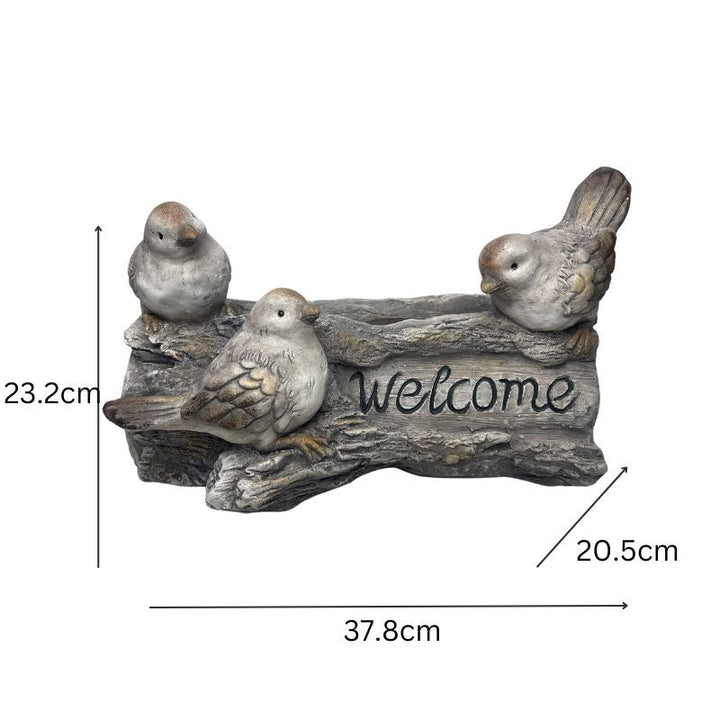 Willow &amp; Silk Decorative Birds On Log Ornament Stony "Welcome" 38cm Arty