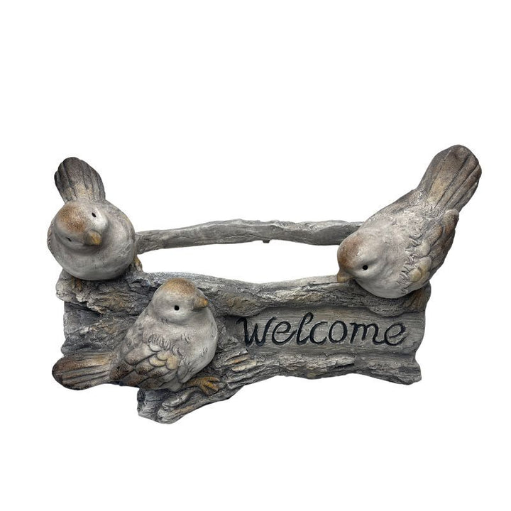 Willow &amp; Silk Decorative Birds On Log Ornament Stony "Welcome" 38cm Arty