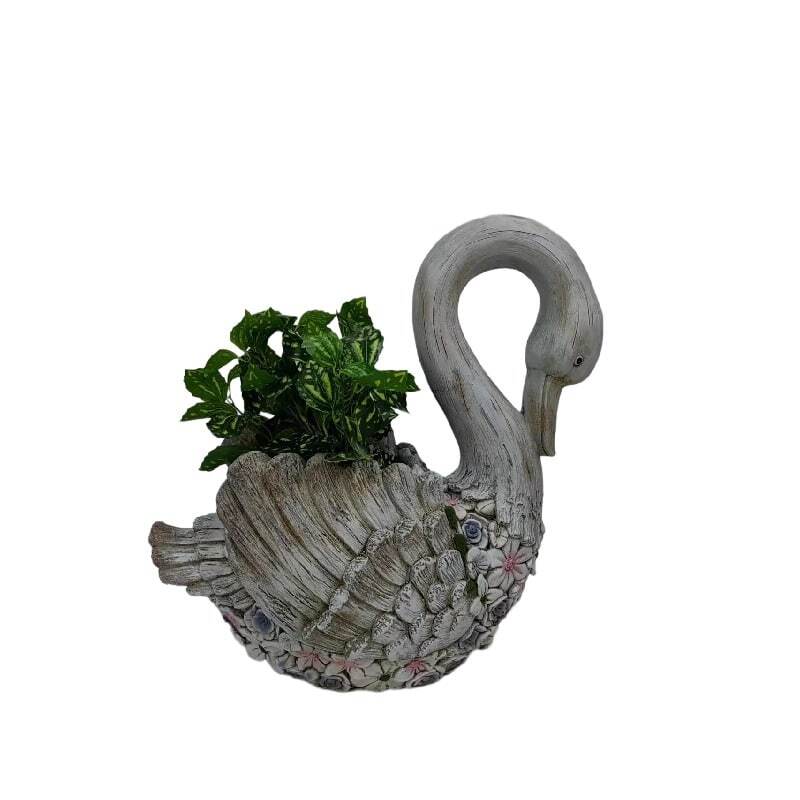 Willow &amp; Silk Polyresin 45cm Swan w/ Flowers Garden Planter