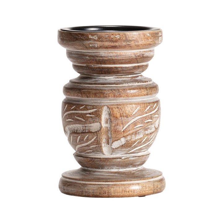 Willow &amp; Silk Handmade 15cm Wood Carved Pillar Candle Holder