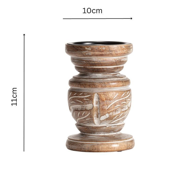 Willow &amp; Silk Handmade 11cm Wood Carved Pillar Candle Holder