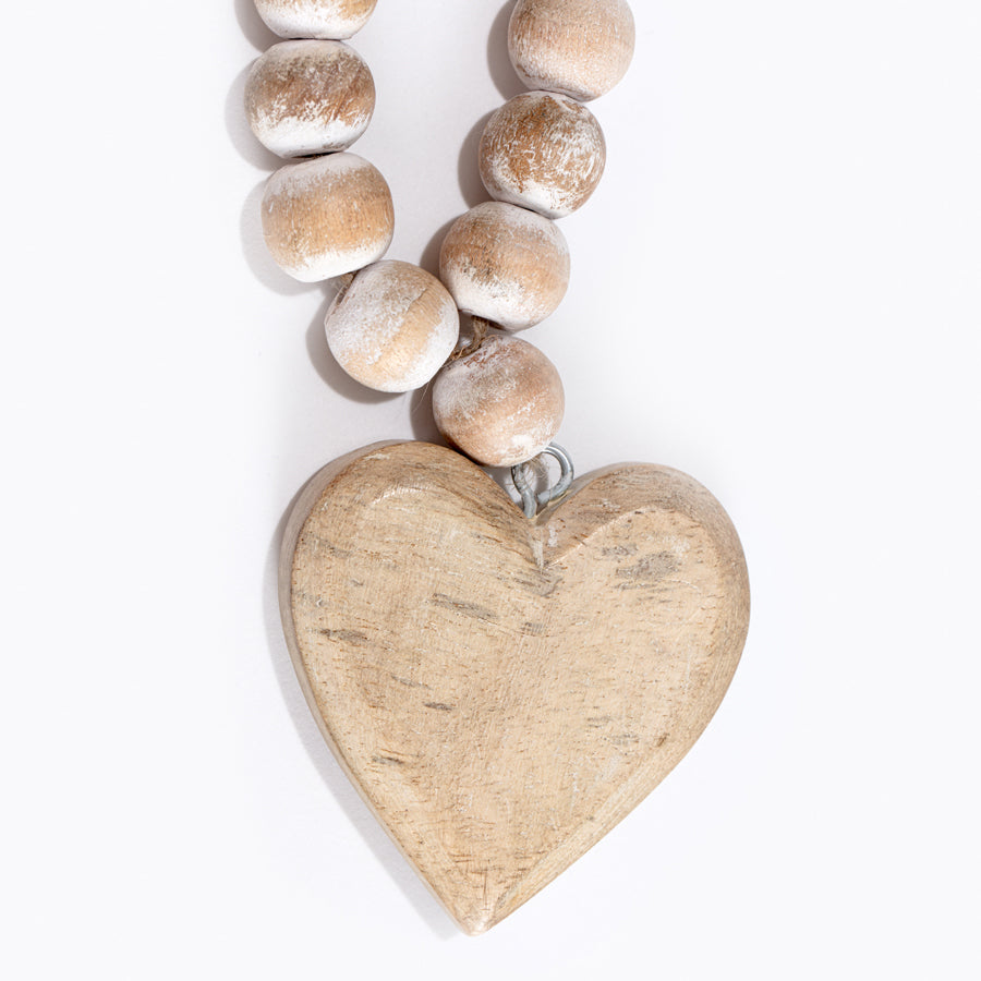 Willow &amp; Silk Handmade 60cm White Wooden Beads Necklace w/ Heart Ornament