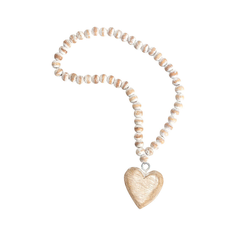 Willow &amp; Silk Handmade 60cm White Wooden Beads Necklace w/ Heart Ornament