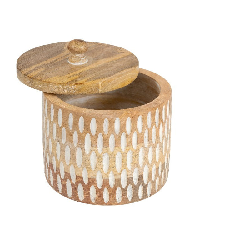 Willow &amp; Silk Trinket Storage Box Handmade Round 15cm Whitewash Carving Natural