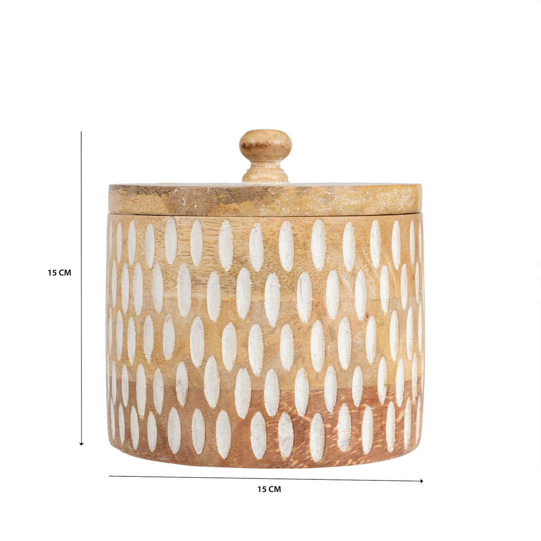 Willow &amp; Silk Trinket Storage Box Handmade Round 15cm Whitewash Carving Natural