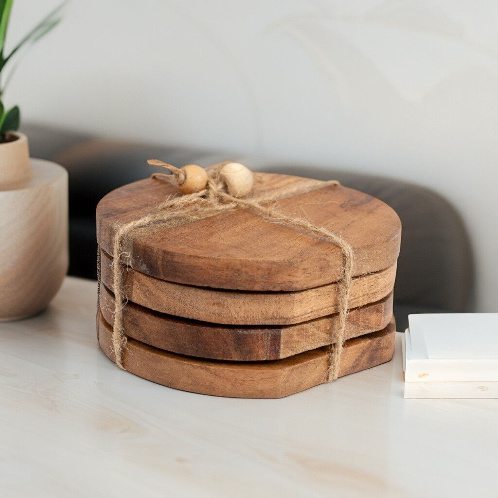 Willow &amp; Silk Tea Coaster Set Handmade Wooden 4pc 10cm Trivet W/Tie Natural