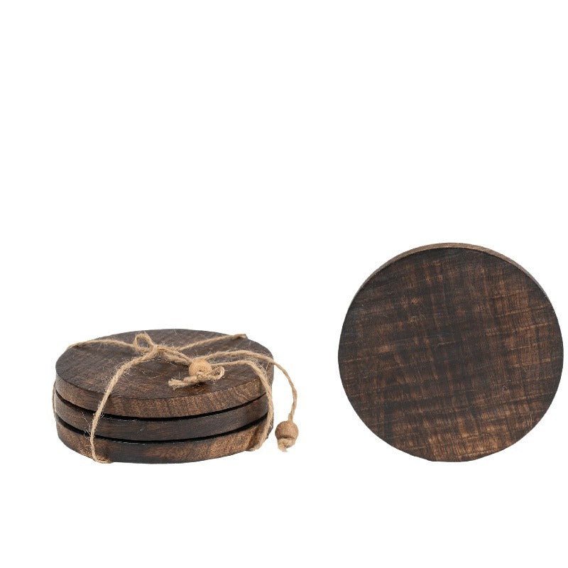 Willow &amp; Silk Tea Coaster Set Handmade Wooden Burnt Finish 4pc 10cm