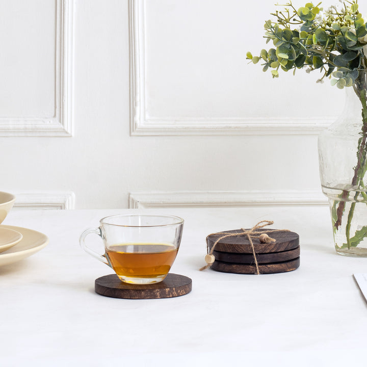 Willow &amp; Silk Tea Coaster Set Handmade Wooden Burnt Finish 4pc 10cm