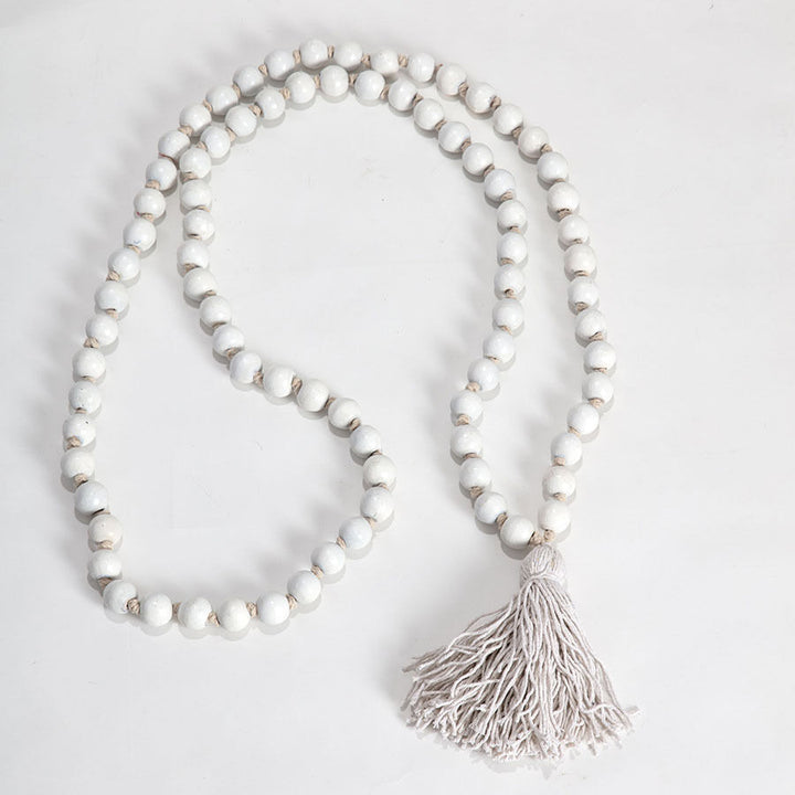 Willow &amp; Silk Handmade 120cm Wooden White Beaded Garland w/Tassel