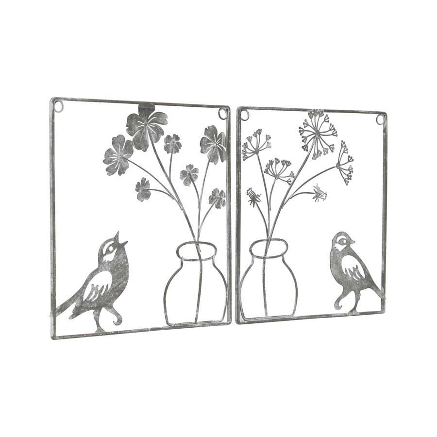 Willow &amp; Silk Metal 20.5cm Set of 2 Plant In Pot w/ Bird Grey Wall Art