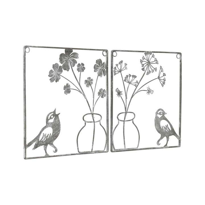 Willow &amp; Silk Metal 20.5cm Set of 2 Plant In Pot w/ Bird Grey Wall Art