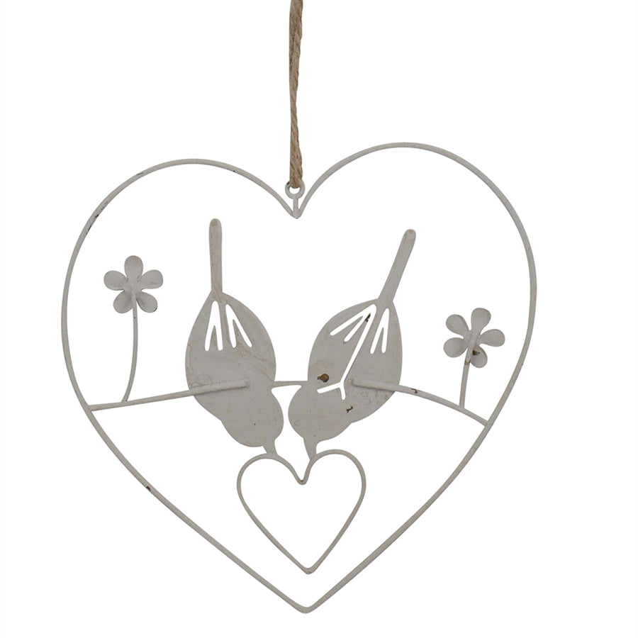 Willow &amp; Silk Hanging 15.5cm Lovebirds Heart/Flowers Metal Wall Art