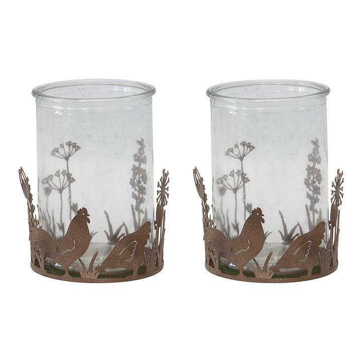 Willow &amp; Silk Set of 2 Metal Glass 10.5cm Rustic Chook Candle Holders
