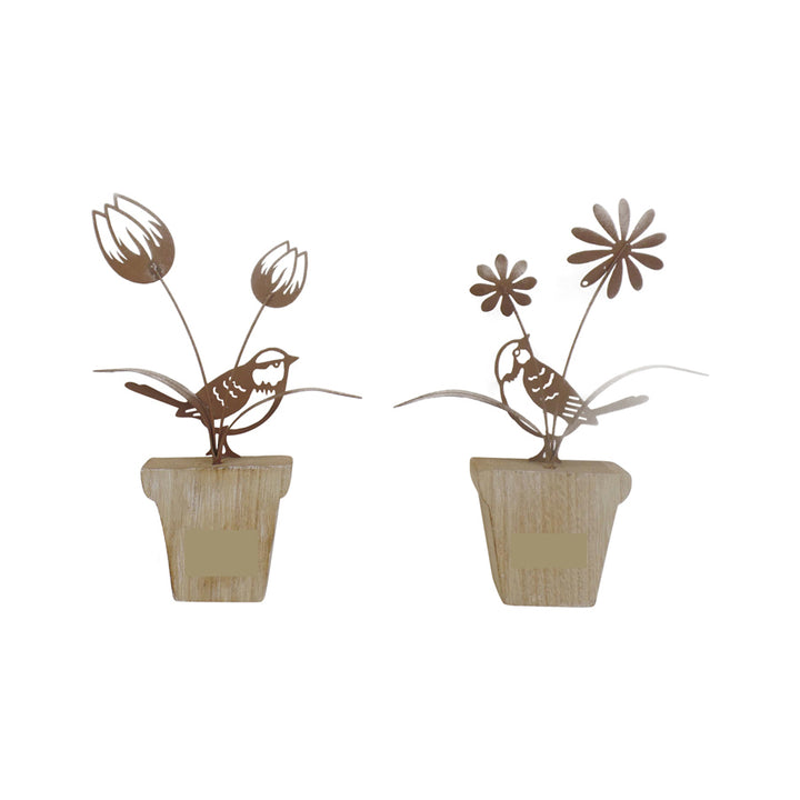 Willow &amp; Silk Rustic 23cm/21.5cm Set of 2 Birds/Flowers Ornaments
